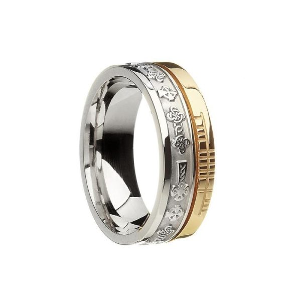 Celtic Cross Faith Irish Wedding Band White Gold Yellow trim
