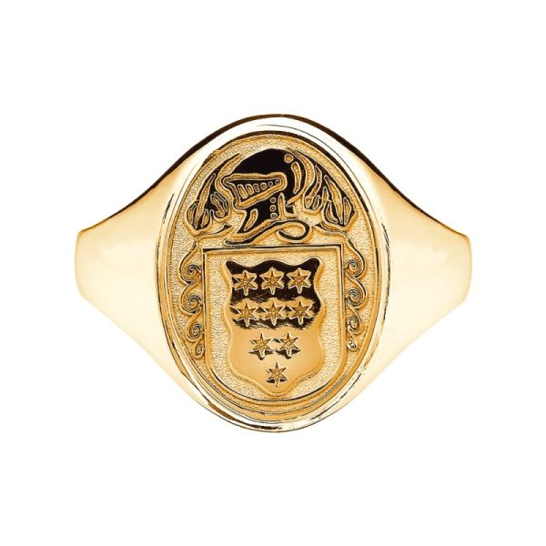 Ladies Solid Back Heavy Oval Family Coat Of Arms Ring 14k Gold