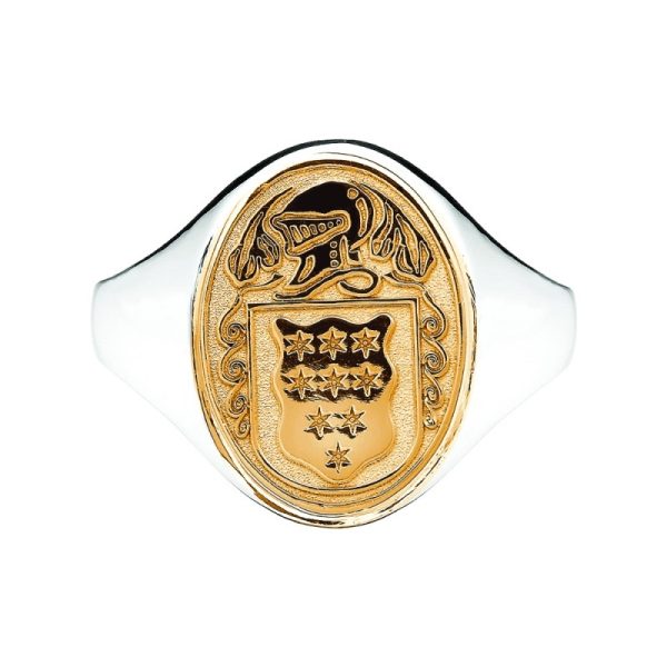 Ladies Solid Back Heavy Oval Family Coat Of Arms Ring Two Tone