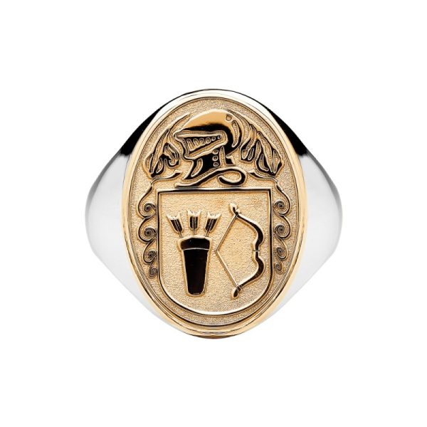 Mens Solid Back Heavy Oval Family Coat of Arms Ring-Large Two Tone